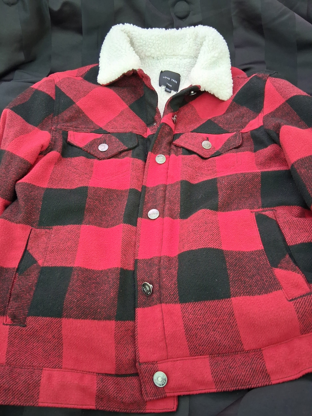 LOVE TREE Womens Red & Black Buffalo Plaid Sherpa-Lined Jacket - Picture 1 of 5